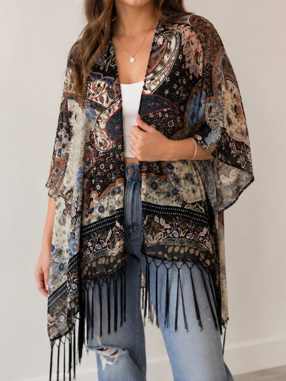 Bohemian floral Paisley Fringe Kimono Wrap batwing poncho Black blue cream OS